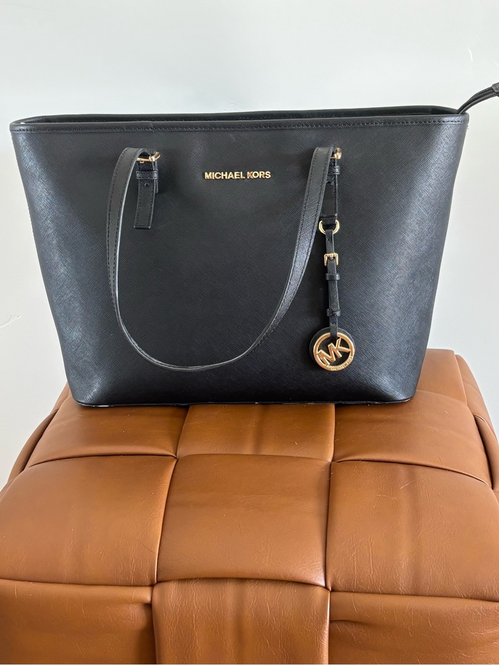 Michael Kors Black Saffiano Leather Tote with Gold Logo Charm